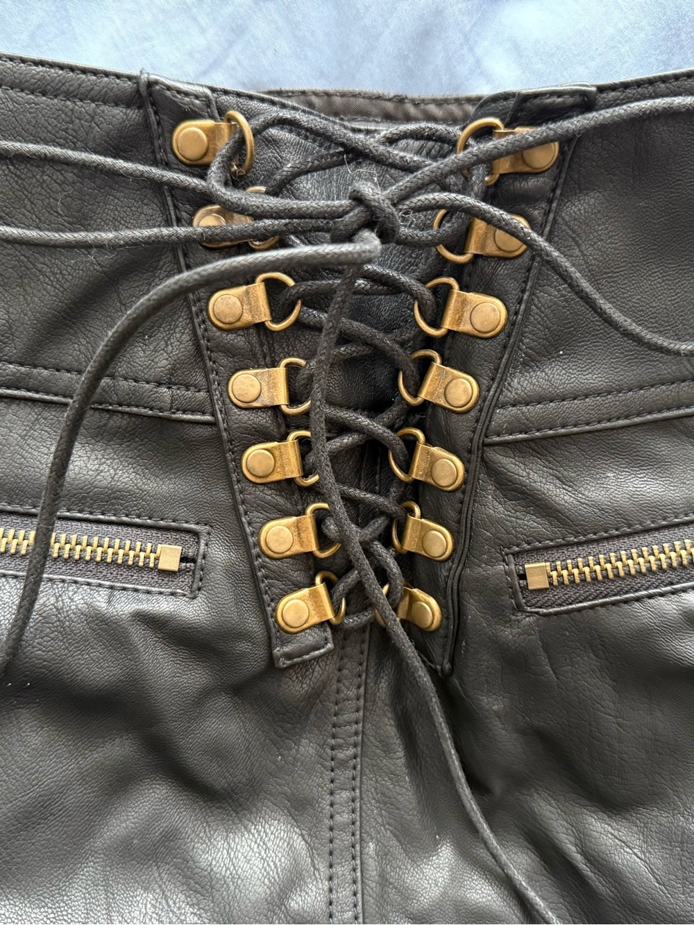 Black Leather Cotton Short Shorts with Corset Lacing and Thigh Straps - Picture 3 of 10